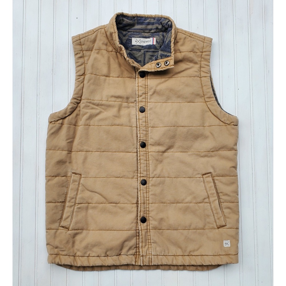 Departwest Mens Quilted Puffer Vest Tan Khaki Cotton Canvas Snap Front XL